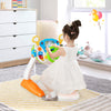 Kids steering wheel pretend play toy set with lights and sounds, featuring a comfortable stool for indoor fun.