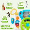 Kids steering wheel pretend play toy set featuring lights, sounds, and multiple siren sounds for imaginative play.