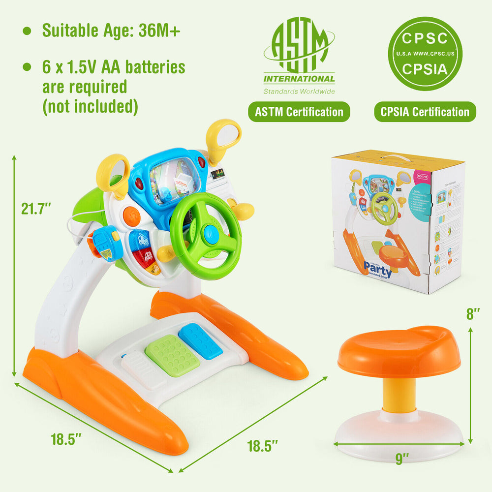 Kids steering wheel pretend play toy set with realistic driving features, including rotary switch and adjustable volume.