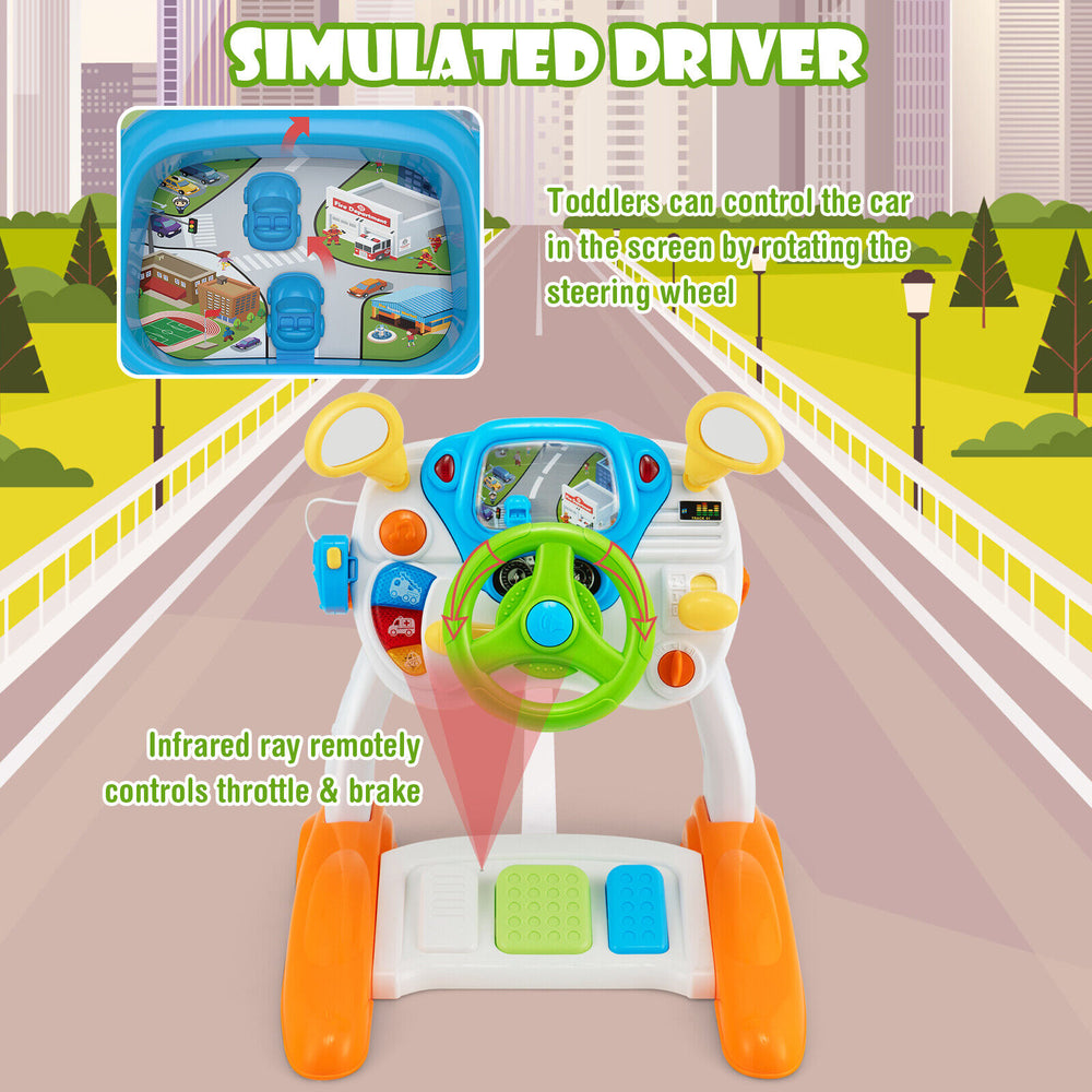 Kids steering wheel pretend play toy set with lights, sounds, and included stool for safe indoor driving fun.