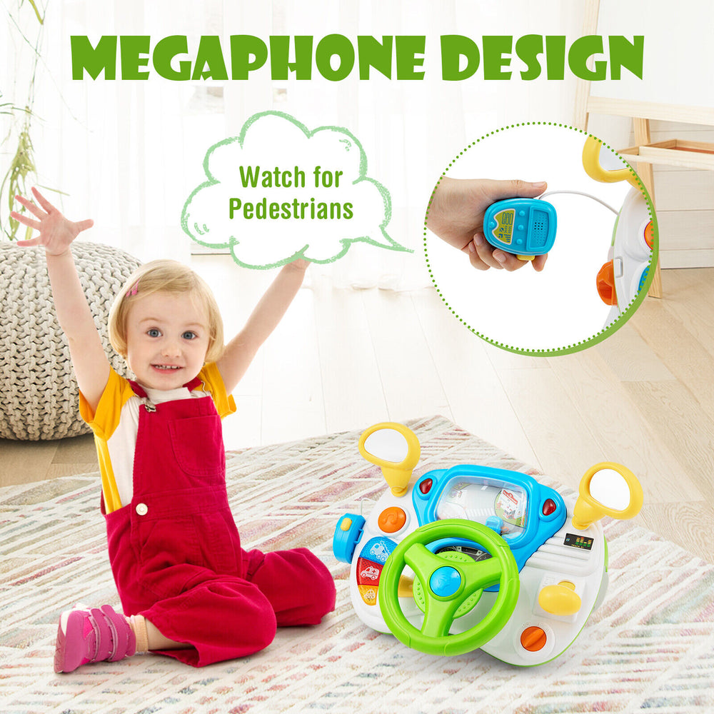Kids steering wheel pretend play toy set with lights and sounds, featuring a megaphone and safe design for indoor fun.