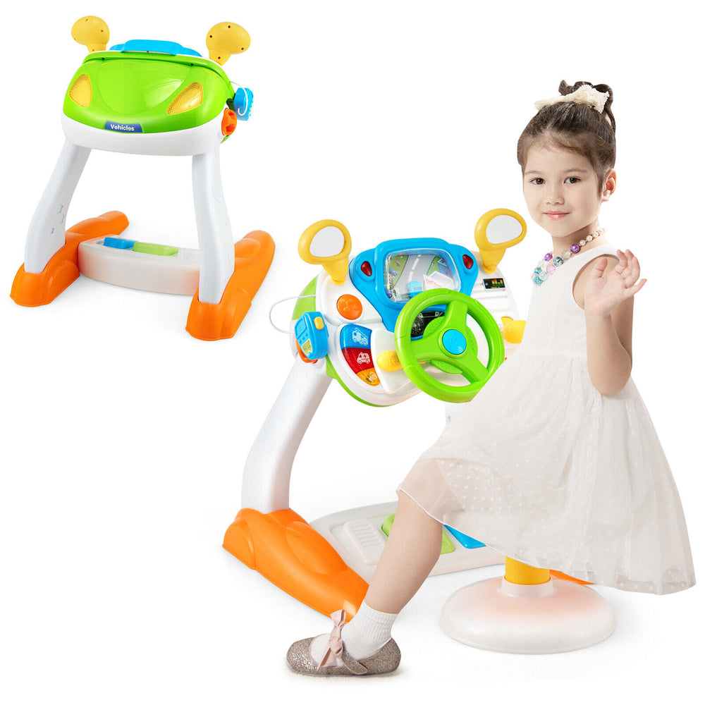 Kids steering wheel pretend play toy set with lights and sounds, featuring a comfortable stool for safe indoor fun.