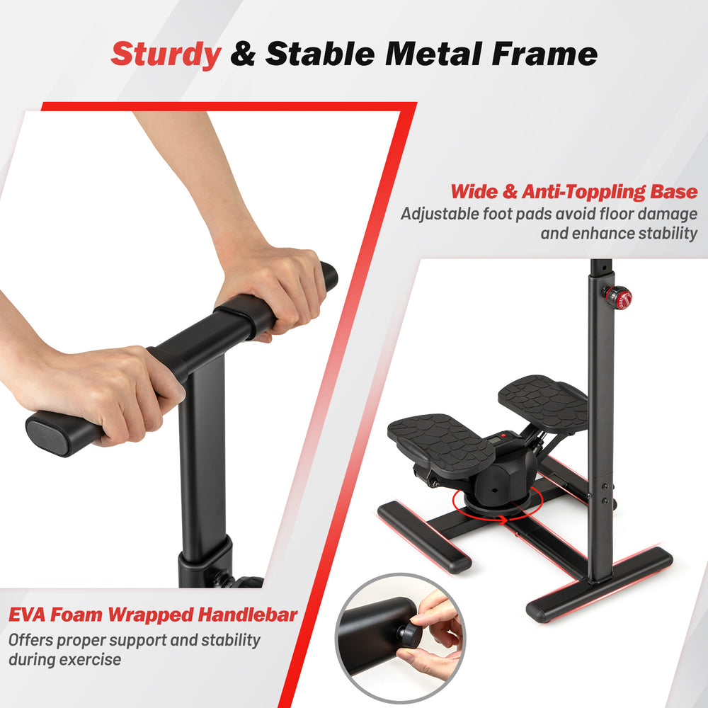 Twist stair stepper with adjustable handlebar, wide anti-slip pedals, and sturdy metal frame for home workouts.