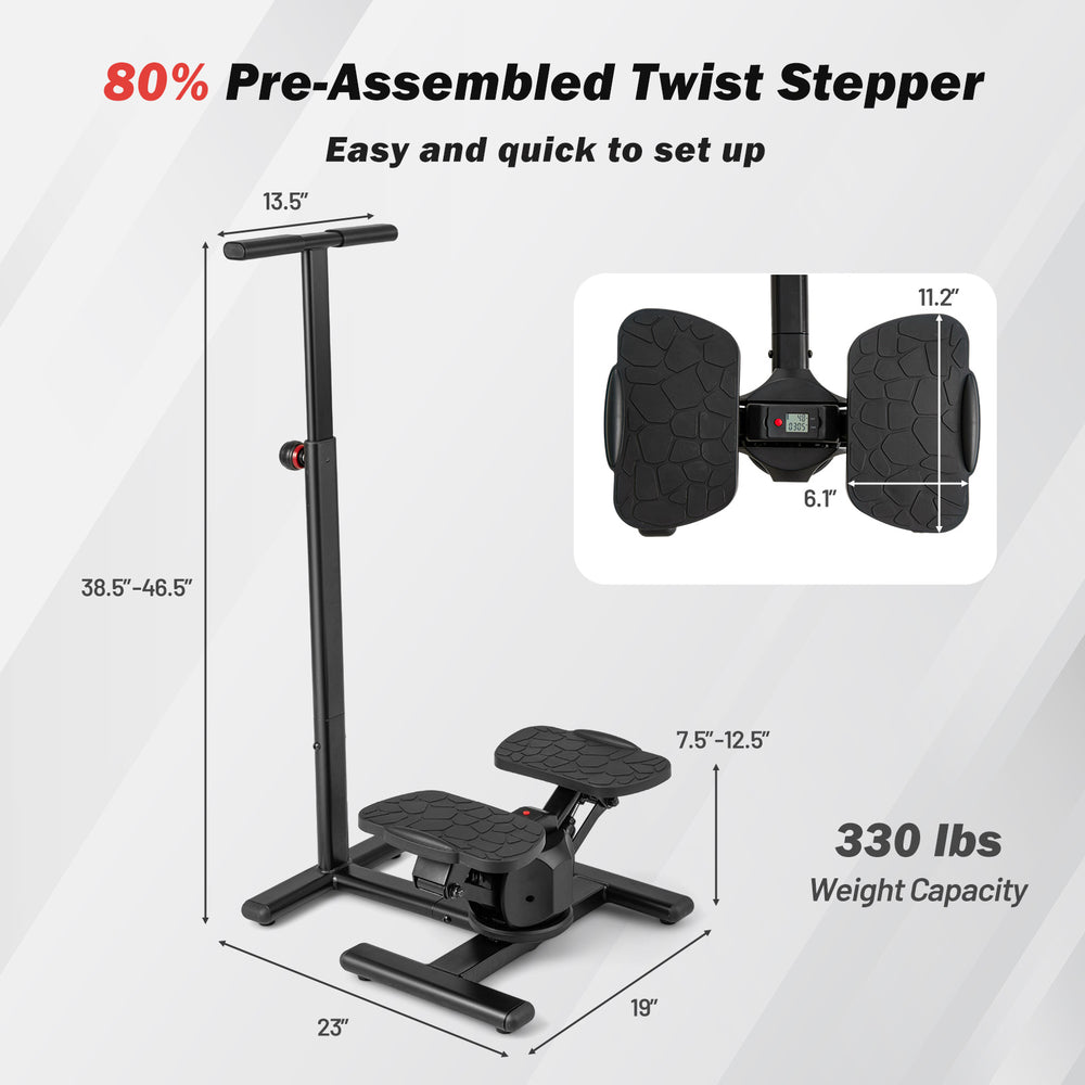 Twist stair stepper with adjustable handlebar, anti-slip pedals, and LCD display for home or office workouts.