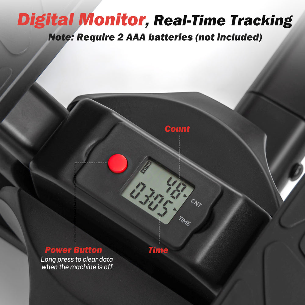 Digital monitor of the black twist stair stepper showing count and time, designed for customized fitness routines.