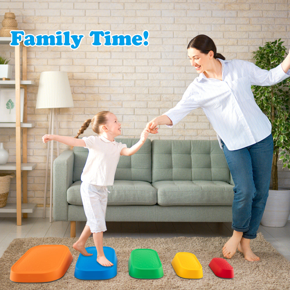 Colorful non-slip stepping stones for kids, promoting balance and coordination during family playtime indoors or.