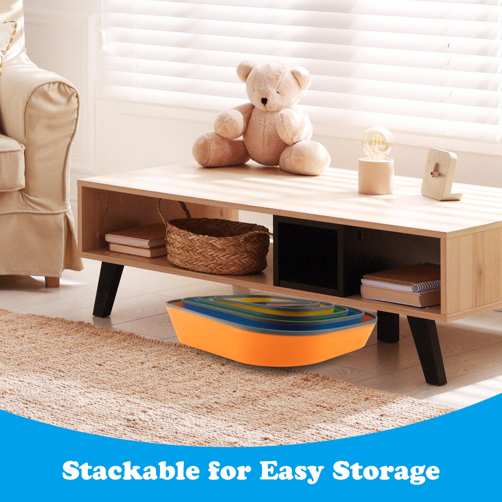 Multicolor non-slip stepping stones for kids, stackable design for easy storage, promoting balance and coordination.