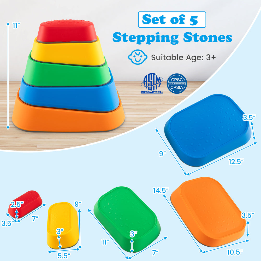 Colorful set of 5 non-slip stepping stones for kids, promoting balance and coordination, suitable for indoor and.