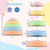 Colorful macaron-shaped stepping stones for kids, showcasing dimensions, perfect for balance and coordination play.