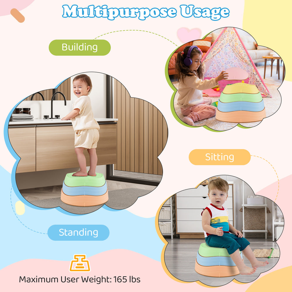 Colorful non-slip balance stones for kids, ideal for building, sitting, and standing, with a convenient storage bag.
