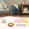 Colorful stackable balance stones for kids in a storage bag, promoting play, coordination, and safe use indoors or.