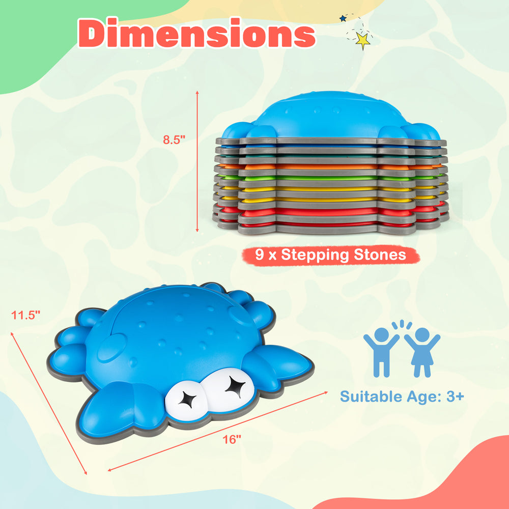 Colorful non-slip toddler stepping stones set with cute crab design, ideal for balance play and motor skill development.