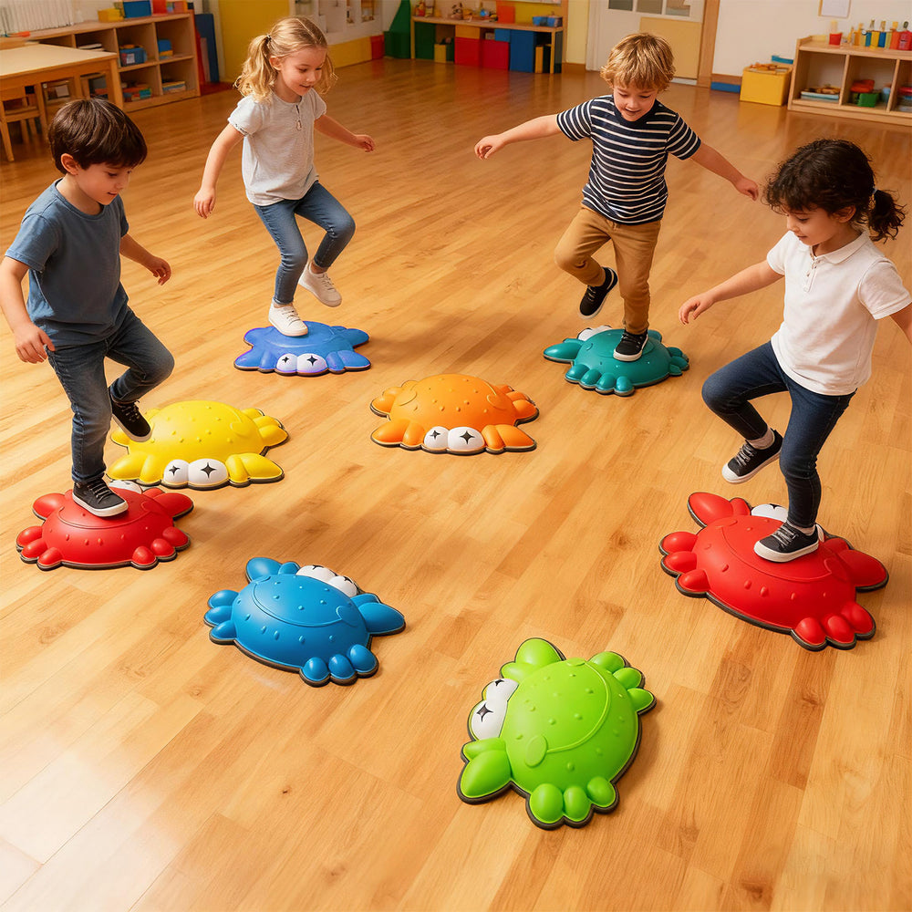 Colorful non-slip toddler stepping stones in use, promoting balance and motor skills for kids during playtime.