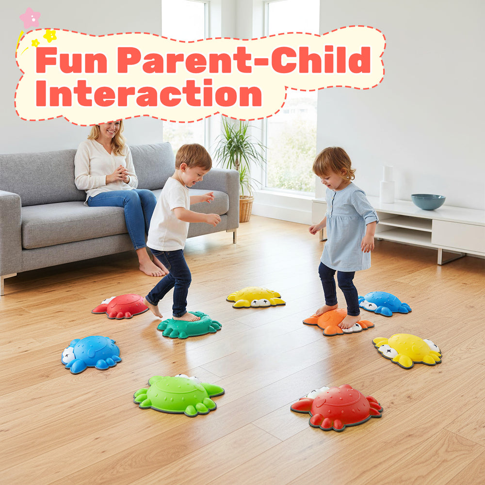 Colorful non-slip toddler stepping stones arranged on a wooden floor, promoting balance and motor skills for kids.