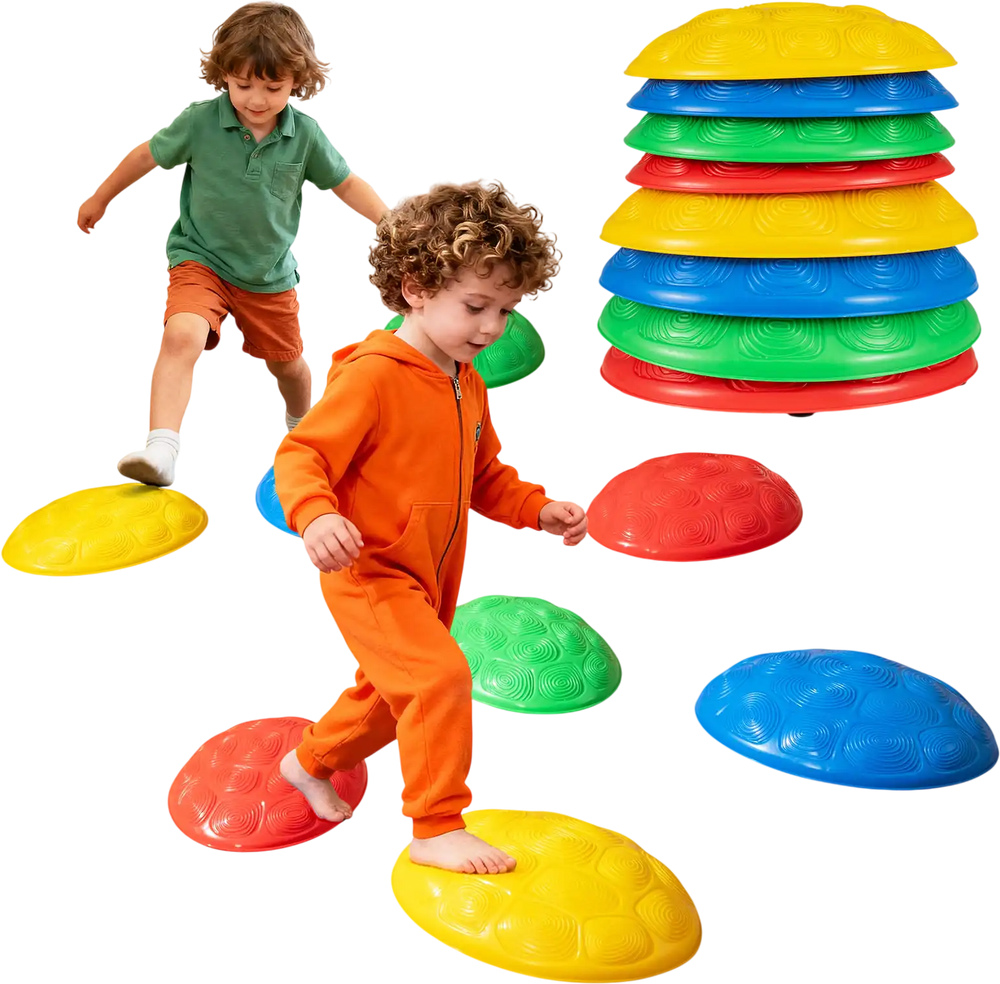 Colorful non-slip toddler stepping stones for balance play, enhancing motor skills and stability in various settings.