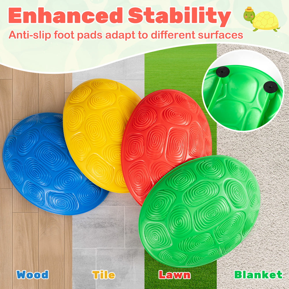 Colorful non-slip toddler stepping stones in blue, yellow, red, and green, designed for safe play on various surfaces.