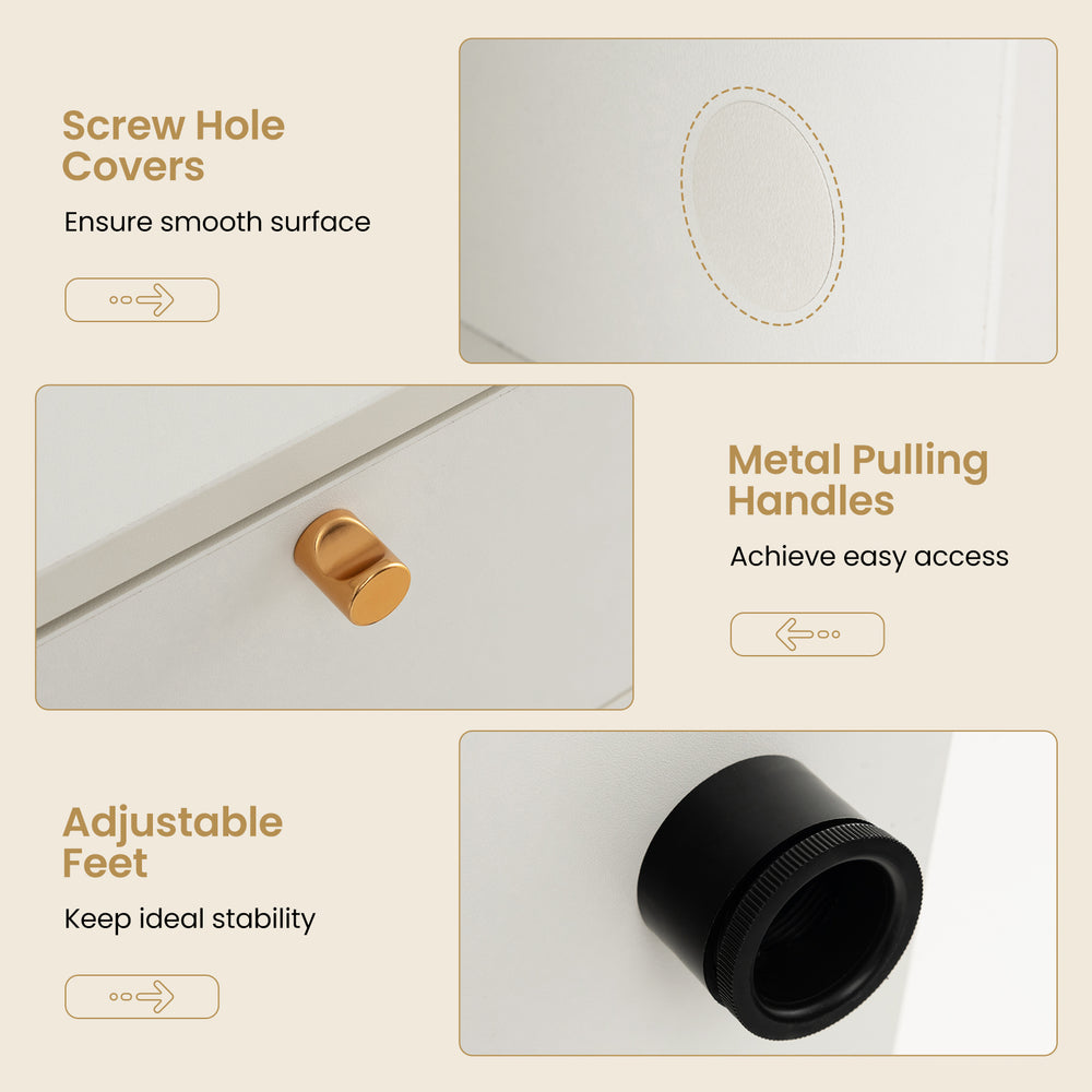 Close-up of metal pulling handles and screw hole covers on a white storage cabinet for easy access and smooth surface.