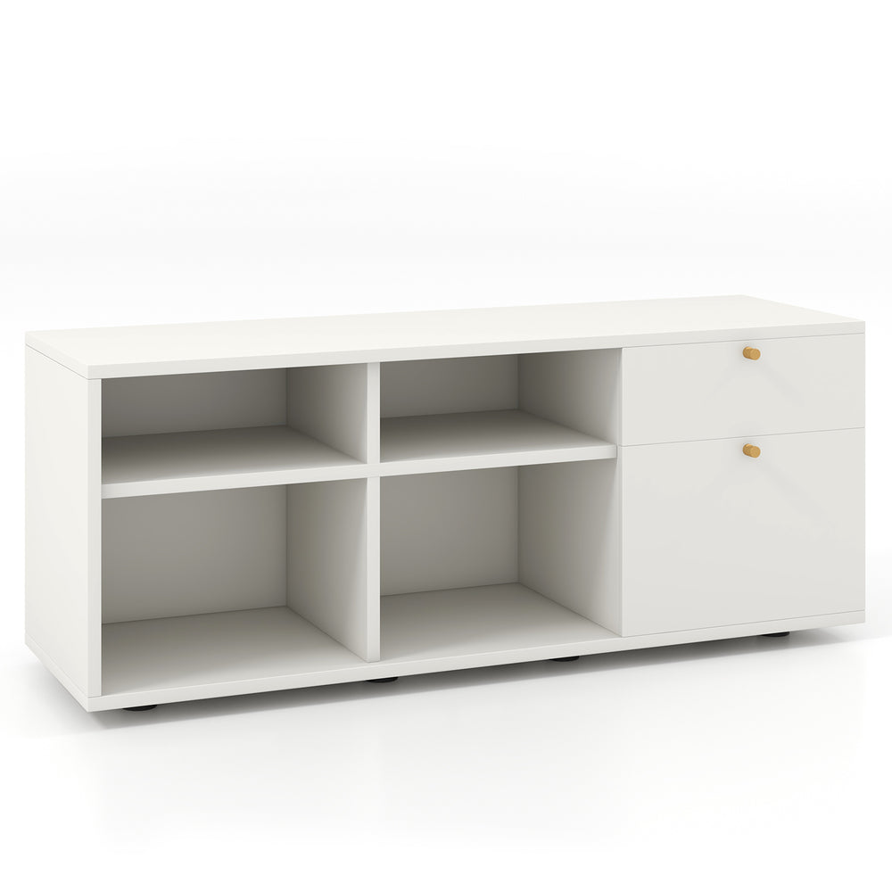 White storage cabinet TV console with 2 drawers and 4 cubes, ideal for entryway or living room organization.