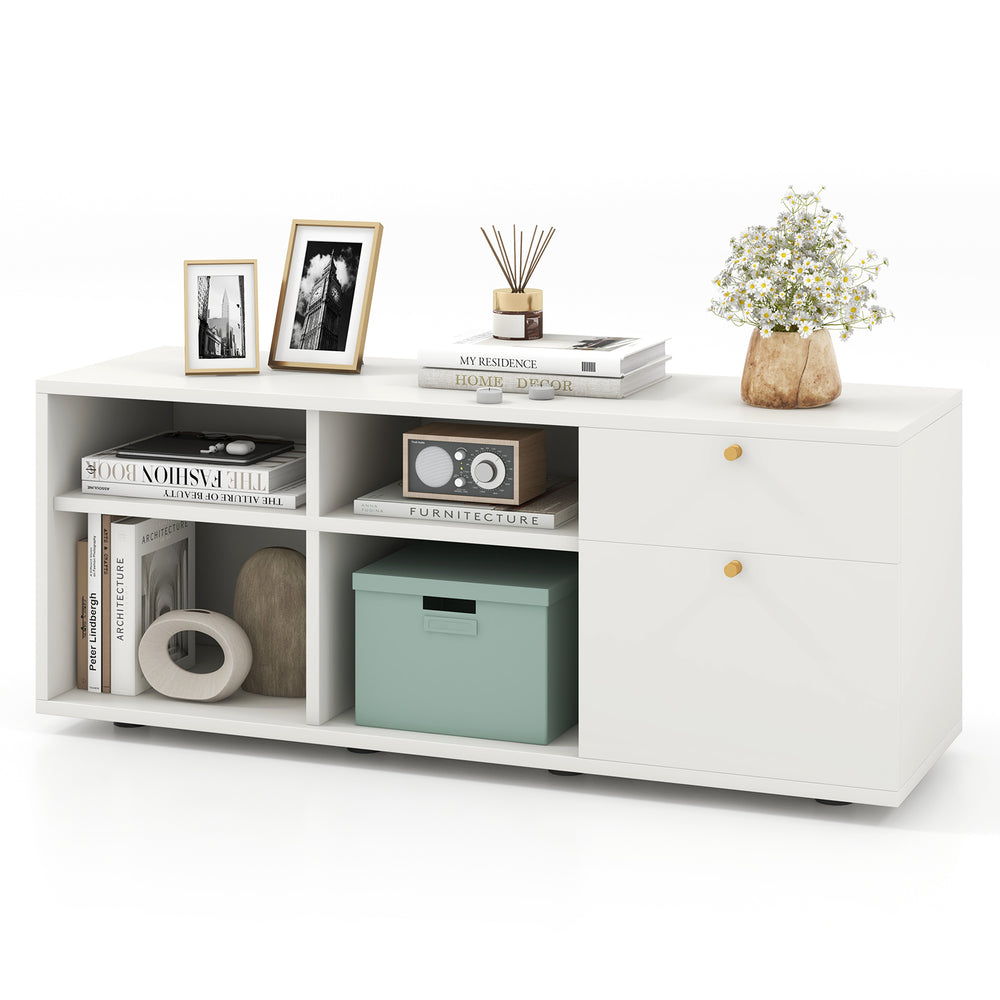 Storage cabinet in white with 2 drawers and 4 cubes, ideal for entryway or living room, showcasing modern design.