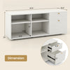 White storage cabinet TV console with 2 drawers and 4 cubes, featuring dimensions for versatile use in entryway or.