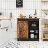 Industrial storage cabinet with rustic brown finish, sliding barn door, and 3-tier shelves for versatile kitchen.