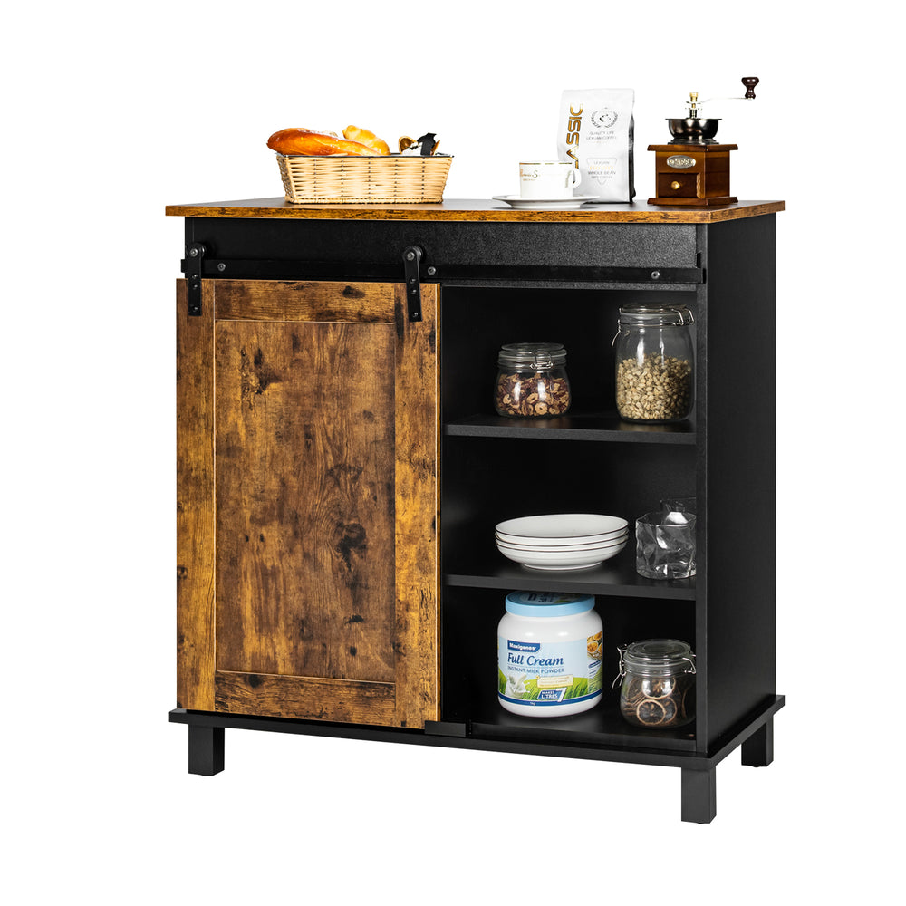 Industrial storage cabinet with rustic brown finish, sliding barn door, and three shelves for versatile kitchen.
