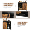 Industrial storage cabinet with sliding barn door in rustic brown, featuring wine bottle organizer and 3-tier shelves.