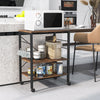 3-tier kitchen baker's rack in rustic brown with microwave, storage baskets, and hooks for convenient organization.