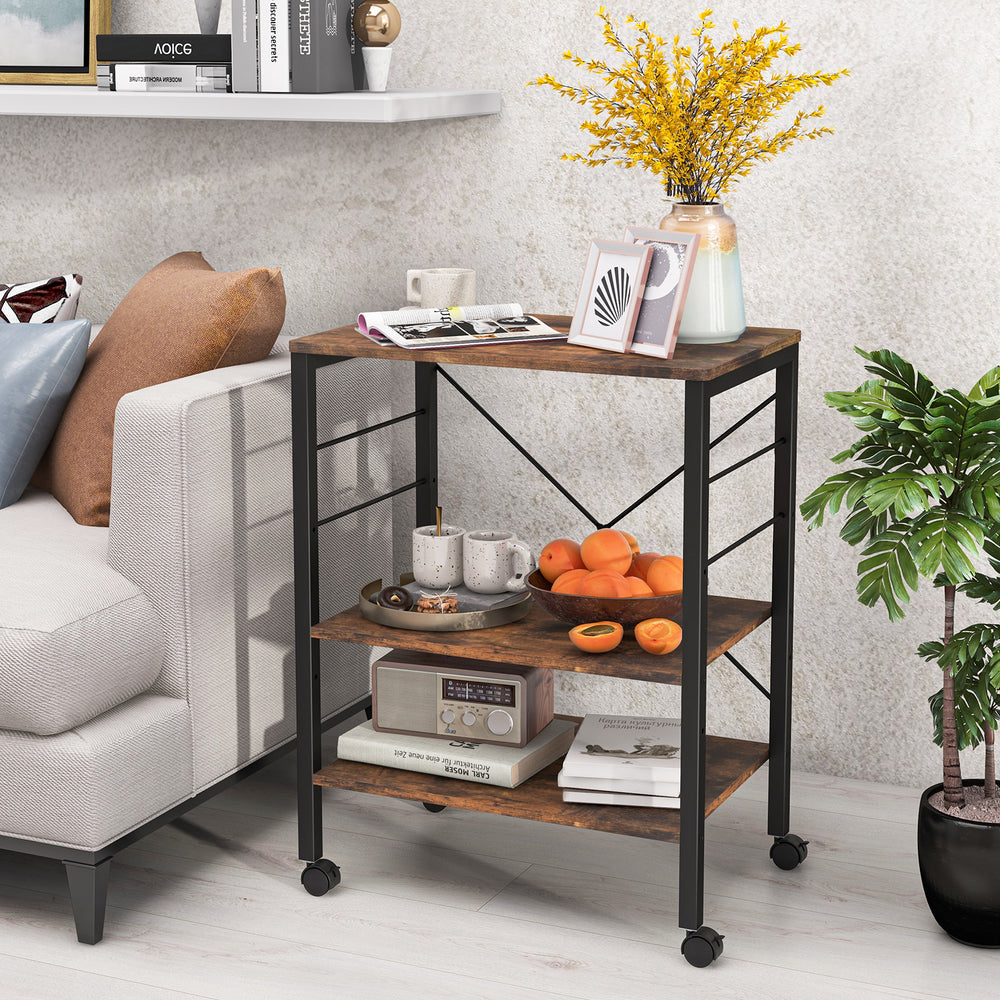 3-tier rustic brown kitchen baker's rack with hooks and wheels, ideal for storage and organization in any indoor space.