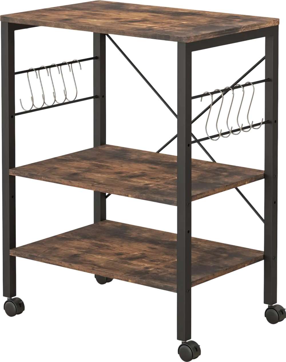 3-tier kitchen baker's rack in rustic brown with hooks and wheels for versatile storage and easy mobility.