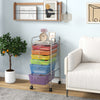 Rolling storage cart with 6 transparent multicolor drawers on a metal frame, ideal for home, office, or classroom.