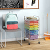 Rolling storage cart with 6 transparent multicolor drawers on wheels, ideal for organizing office or home supplies.