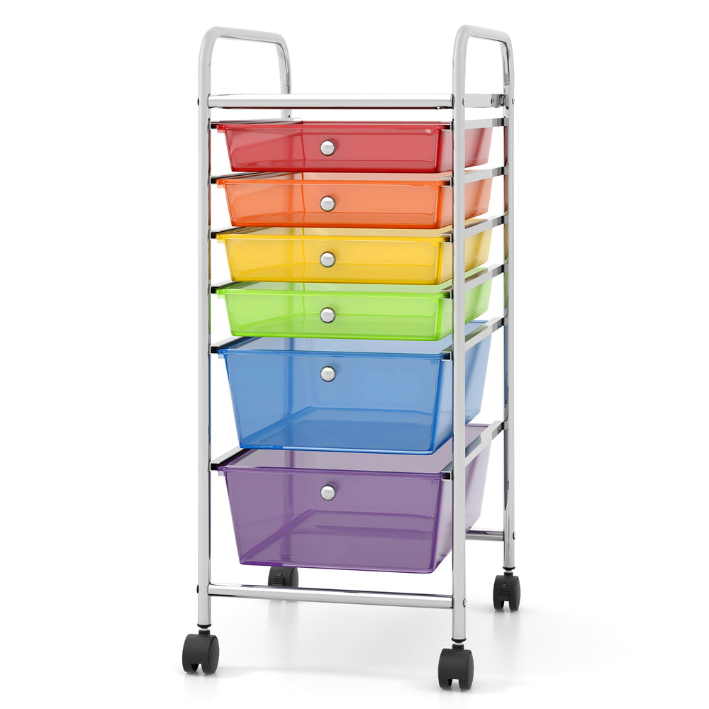 6-drawer rolling storage cart with multicolor transparent drawers and sturdy metal frame, ideal for home and office.
