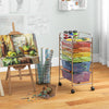 6-drawer rolling storage cart with transparent multicolor drawers and sturdy metal frame, ideal for organizing supplies.