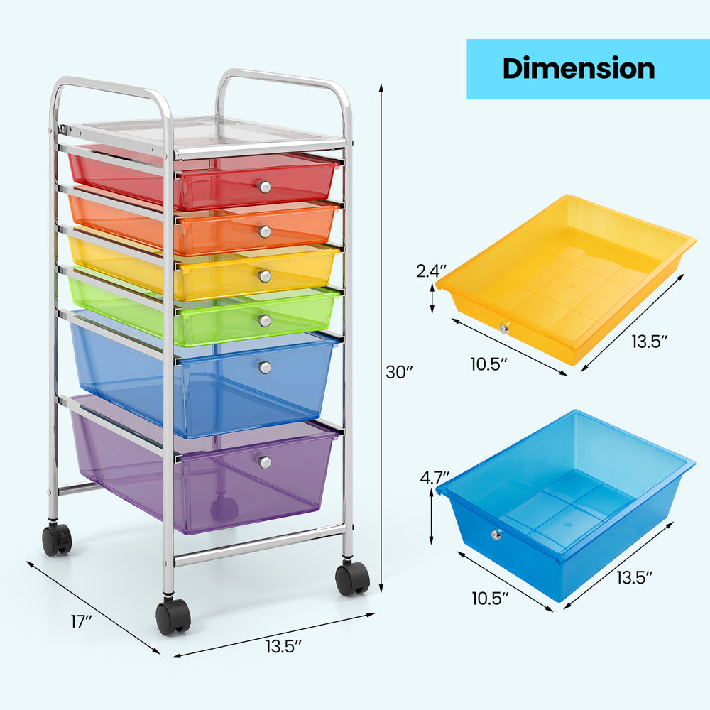 Rolling storage cart with 6 transparent multicolor drawers, ideal for organizing office or home supplies on wheels.