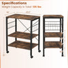 3-tier kitchen baker's rack in rustic brown with adjustable shelves and hooks, ideal for storage and easy mobility.