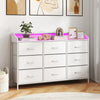 Storage organizer in white with LED lights and 9 fabric drawers, ideal for bedroom storage and decor.