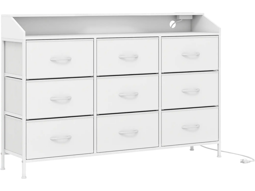 Storage organizer in white with 9 fabric drawers and LED lights, perfect for bedroom storage solutions.