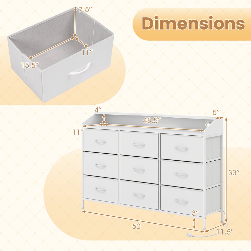 Storage organizer in white with 9 fabric drawers and LED lights, featuring dimensions of 50" x 33" x 11".
