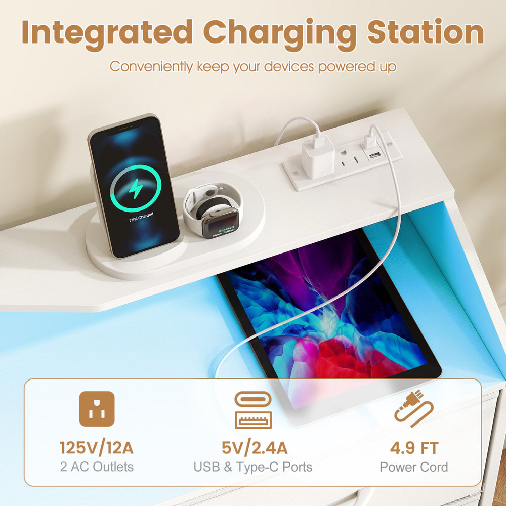 Storage organizer with LED lights, 9 fabric drawers, and integrated charging station for convenient device charging.