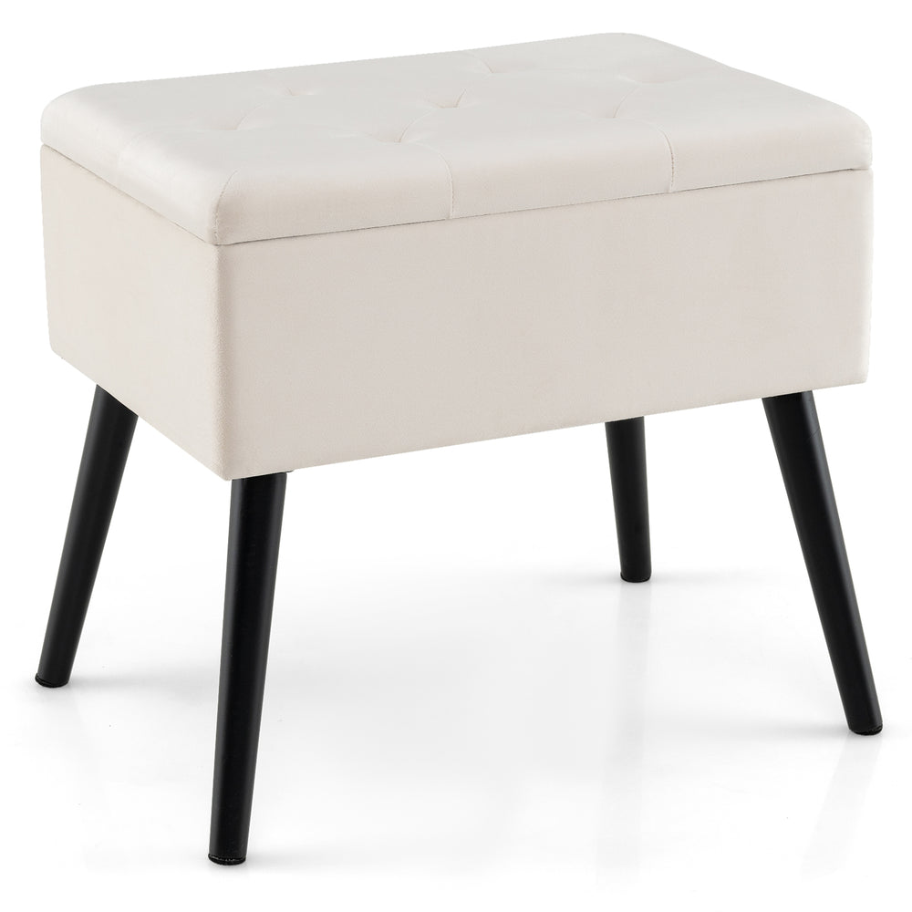 Beige velvet storage ottoman with solid wood legs, featuring a hinged lid for convenient access and multifunctional use.
