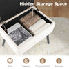 Beige velvet storage ottoman with solid wood legs, featuring a spacious hidden storage compartment for versatile use.