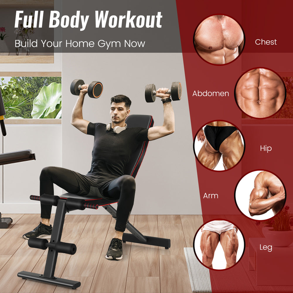 Adjustable weight bench with 8 back positions for full body workout, featuring soft cushions and sturdy metal frame.