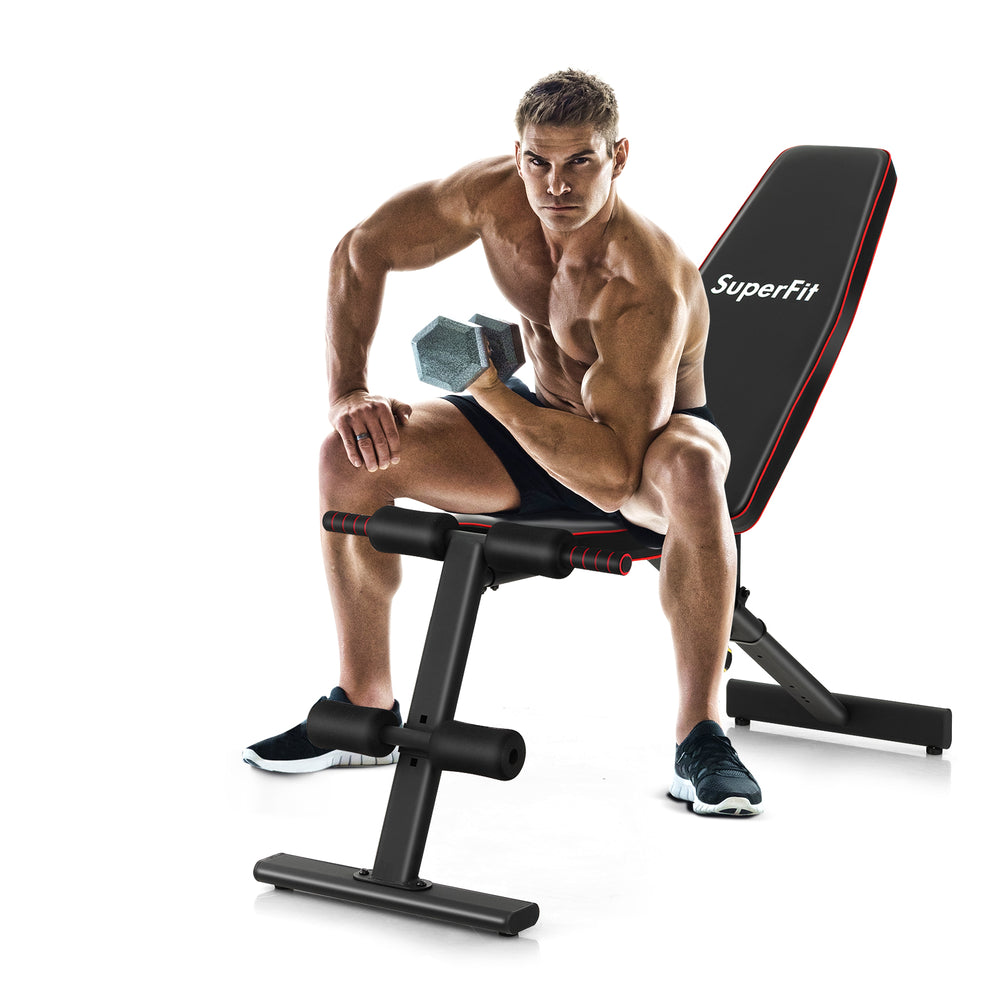 Adjustable weight bench with a solid metal frame, featuring 8 back positions for versatile full body workouts.
