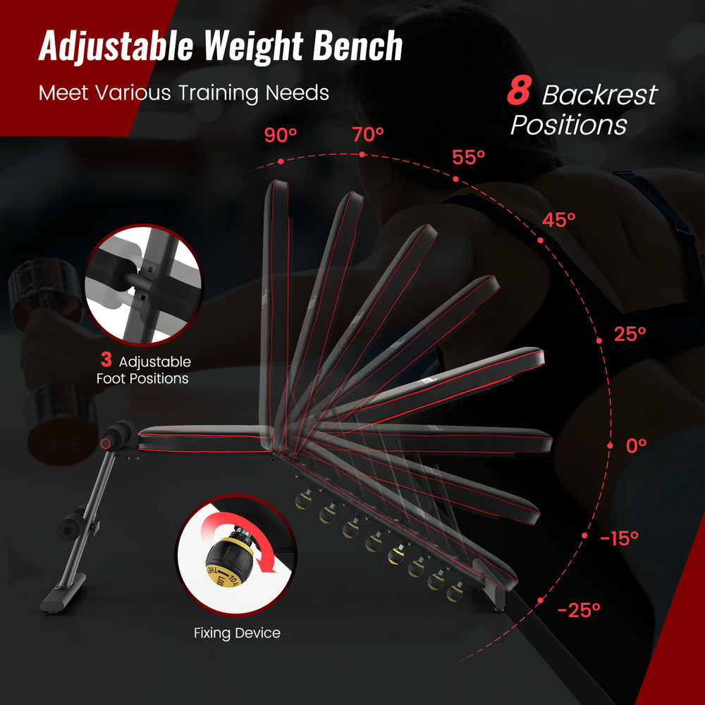 Adjustable weight bench showing 8 backrest positions and 3 foot positions for versatile strength training workouts.