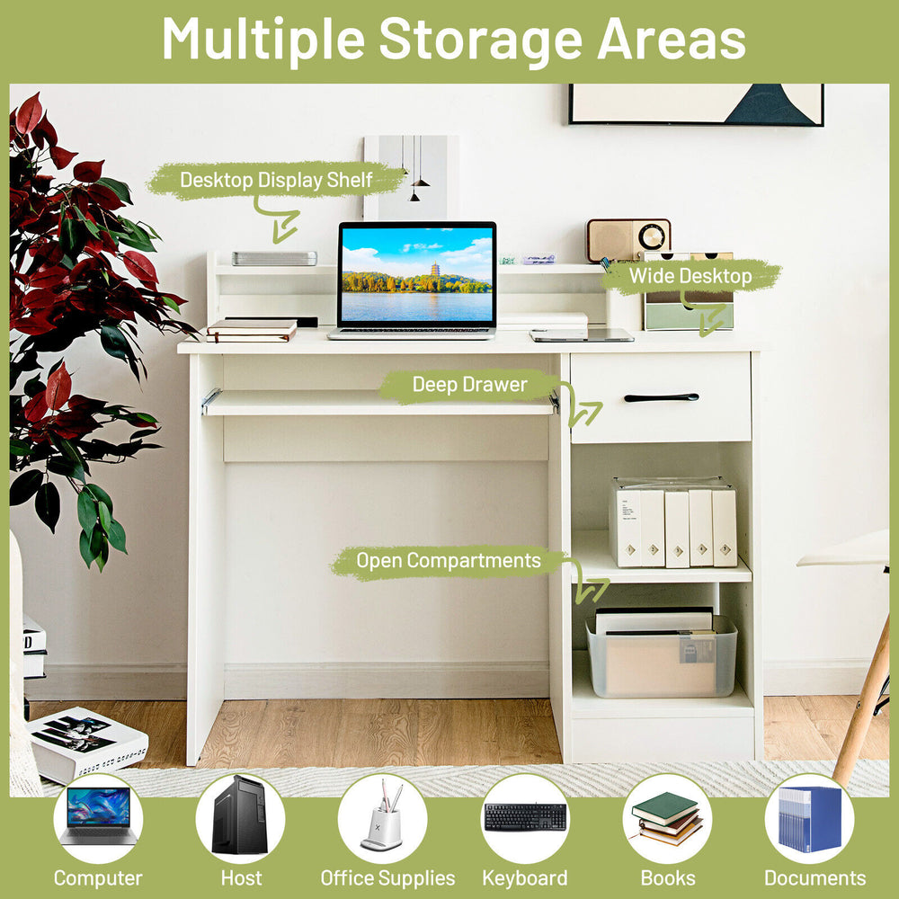 Study laptop table in white featuring a wide desktop, deep drawer, and adjustable shelf for versatile storage solutions.