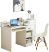 White study laptop table showcasing the spacious 41.5” x 22” desktop and practical storage options for a tidy workspace.
