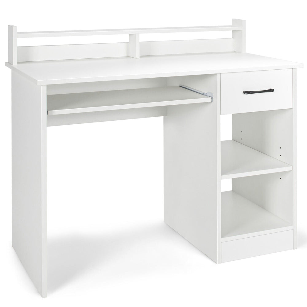 White study laptop table featuring a pull-out keyboard tray, deep drawer, and adjustable shelf for versatile storage.