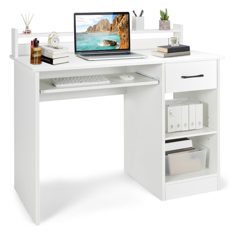 Study laptop table in white with a pull-out keyboard tray, deep drawer, and adjustable shelf for versatile storage.