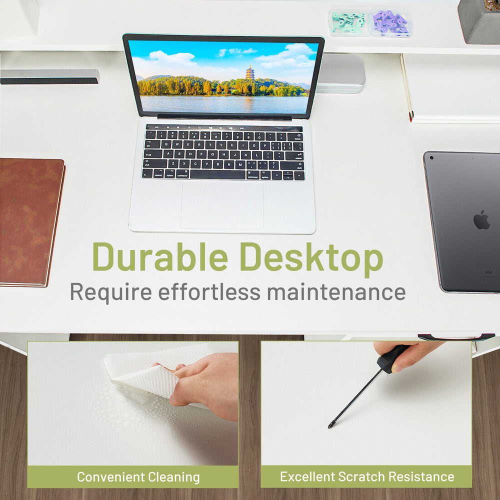 Study laptop table in white with a spacious 41.5” x 22” desktop, pull-out keyboard tray, and durable scratch-resistant.